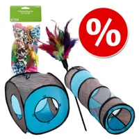 Katzenpielzeug-Set Cat Toy Set -pakkaus, monivärinen höyhenlelu, siniharmaa kissatunneli ja kuutio, punainen prosenttimerkki alennukselle