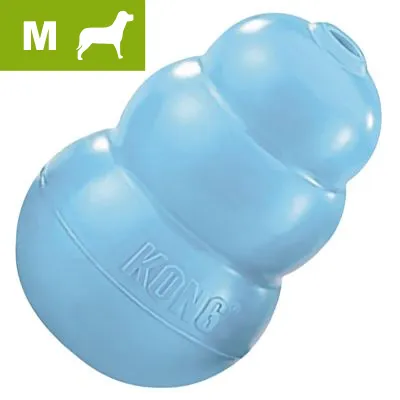 KONG koiranlelu, koko M, vaaleansininen. Koiran siluetti ja kirjain M vihreällä taustalla vasemmassa yläkulmassa.