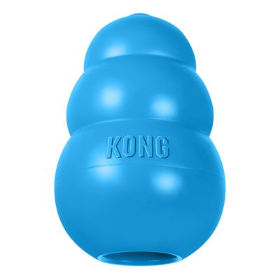 Modra KONG igrača iz gume z vidnim napisom KONG.