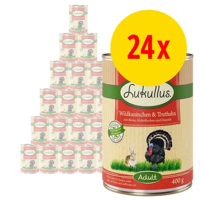 24x Lukullus Wildkaninchen & Truthahn Adult 400 g dåser. Tekst: mit Birne, Haferflocken und Distelöl. Billede af kanin og kalkun på etiketten. 24x Lukullus Wildkaninchen & Truthahn Adult 400 g dåser. Tekst: mit Birne, Haferflocken und Distelöl. Billede af kanin og kalkun på etiketten.