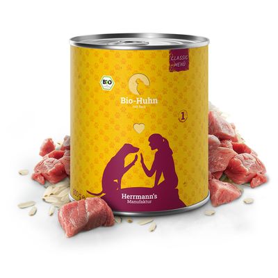 Herrmann's Manufaktur Bio-Huhn mit Reis, Classic Menü. Silhouette von Hund und Mensch, Bio-Zertifikat sichtbar.