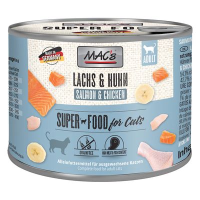 Conservă MAC's Lachs & Huhn Salmon & Chicken pentru pisici adulte, text vizibil: Super Food for Cats, Grainfree, High Meat & Fish Content, Made in Germany. Imagini cu somon, pui și banană.