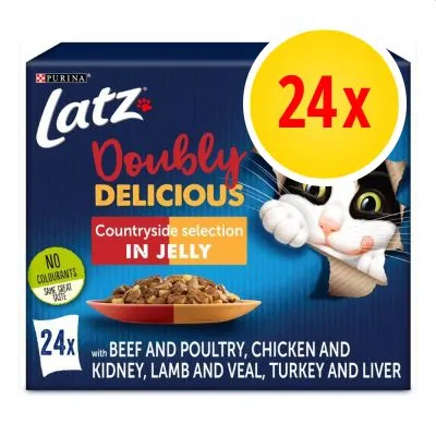 Latz Doubly Delicious Countryside selection in jelly, 24x portions. Med nötkött och fågel, kyckling och njure, lamm och kalv, kalkon och lever. Ingen färgämne enligt förpackning.