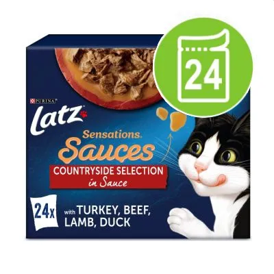 Latz Sensations Sauces Countryside Selection in Sauce, 24x med kalkon, nötkött, lamm, anka. Bild på kattmat i sås och tecknad katt. Stor grön ikon med siffran 24.