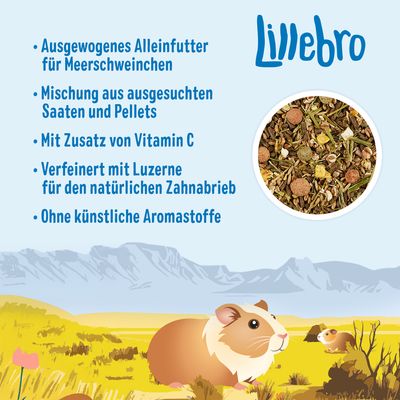Lillebro Alleinfutter für Meerschweinchen: Mischung aus Saaten und Pellets, mit Vitamin C, verfeinert mit Luzerne für Zahnabrieb, ohne künstliche Aromastoffe.