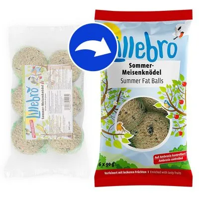 Lillebro Sommer-Meisenknödel Summer Fat Balls, förpackning med 6 bollar à 90 g. Synlig text: Auf Ambrosia kontrolliert, enriched with tasty fruits.