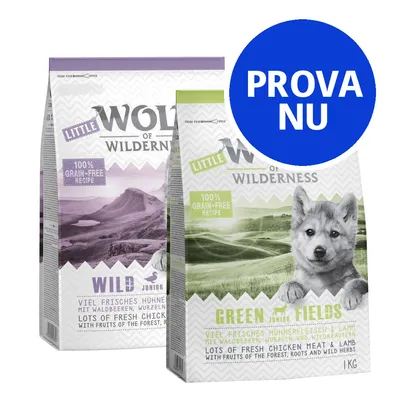 Två påsar Little Wolf of Wilderness kattfoder, varianterna Wild Hills Junior och Green Fields Junior. Text: 100% grain-free recipe. Blå cirkel med texten PROVA NU.