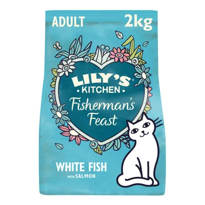 Lily's Kitchen Fisherman's Feast, adult, 2kg. White fish with salmon. Blue pack with floral design and cat illustration.