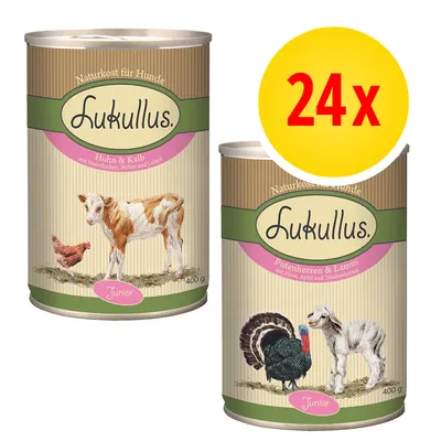 Lot de 24 boîtes Lukullus Junior 400 g : Huhn & Kalb, Putenherzen & Lamm. Textes en allemand visibles sur l’emballage. Illustrations d’animaux sur chaque boîte.