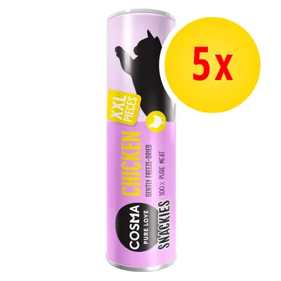 Lot de 5 tubes Cosma Pure Love Snackies Chicken XXL Pieces, gently freeze-dried, 100 % pure meat. Texte en anglais visible sur l’emballage.