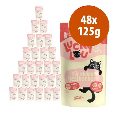 Confezione multipla Lucky Lou Für kleine Nesthocker, 48 bustine da 125 g ciascuna. Testo visibile: 'MEAT! 98% in monds & cooking liquid', 'Grain free', 'No added sugar', 'Made in Germany'.