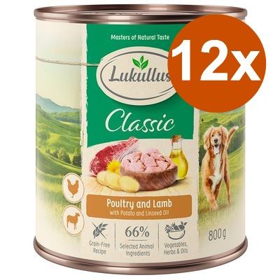 Lukullus Classic Poultry and Lamb med potatis och linfröolja, 66 %, spannmålsfri, 800 g. Förpackning med 12x burkar. Bild på hund och ingredienser synliga på etiketten.