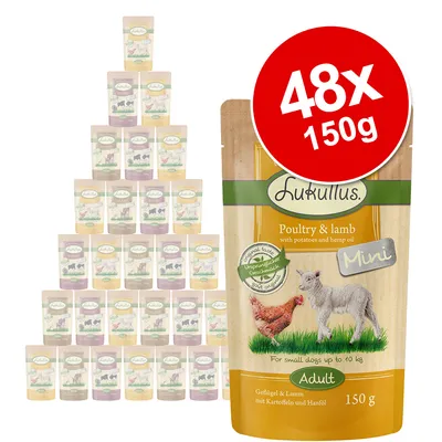Lukullus Poultry & lamb Mini Adult, balení 48×150 g. Na obalu slepice a jehně, text: For small dogs up to 10 kg, mit Kartoffeln und Hanföl.