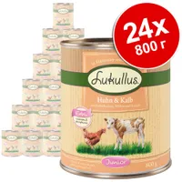 Икономична опаковка Lukullus Junior 24 x 800 г - смесена опаковка: пилешко и телешко месо + пуешки сърца и агнешко месо
