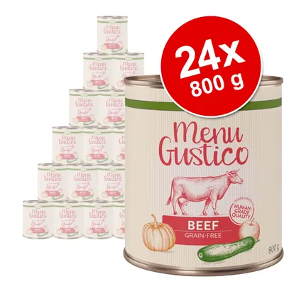 Set 24 conserve Menu Gustico Beef Grain-Free, 800 g fiecare. Etichetă cu vită, dovleac și dovlecel, text vizibil: 'Human-Grade Quality'.