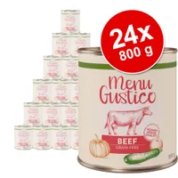 Set 24 conserve Menu Gustico Beef Grain-Free, 800 g fiecare. Etichetă cu vită, dovleac și dovlecel, text vizibil: 'Human-Grade Quality'.