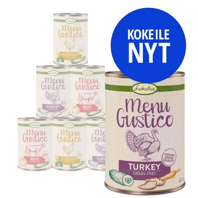 Lukullus Menu Gustico -koiran märkäruokapurkkeja: Turkey, Chicken, Beef. Sininen ympyrä tekstillä 'KOKEILE NYT'.