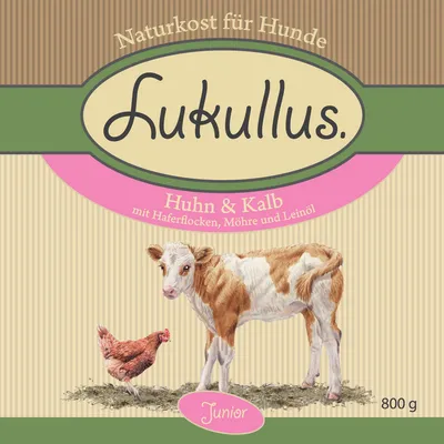 Lukullus Naturkost für Hunde Huhn & Kalb mit Haferflocken, Möhre und Leinöl Junior 800 g. Tekst in het Duits.