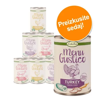 Več pločevink hrane za pse Lukullus Menu Gustico: Turkey Grain-Free, Beef Grain-Free, Chicken Grain-Free. Oranžni krog z besedilom: Preizkusite sedaj!
