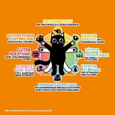 Produktvorteile für Katzenfutter: Proteinboost, aktiver Stoffwechsel, Herzpump, Geschmack mit 97% Akzeptanz, Sehkraft, glänzende Haut, optimaler Urin-pH-Wert, darmfreundliche Ballaststoffe.