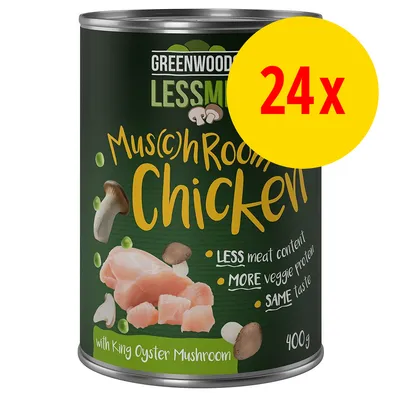 Greenwoods LessMeat Mus(c)hRoom Chicken med King Oyster Mushroom, 400 g. Tekst: LESS meat content, MORE veggie protein, SAME taste. Gul cirkel med rød tekst: 24x.