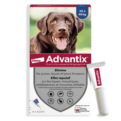 Advantix Elanco, grand chien 25 à 40 kg. Élimine puces, tiques, poux broyeurs. Effet répulsif sur tiques, moustiques, phlébotomes, mouches d’étable. 4 x 4,0 ml.