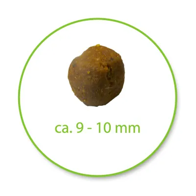 Okrugla granula promjera oko 9–10 mm, tekst 'ca. 9–10 mm' ispod prikaza.