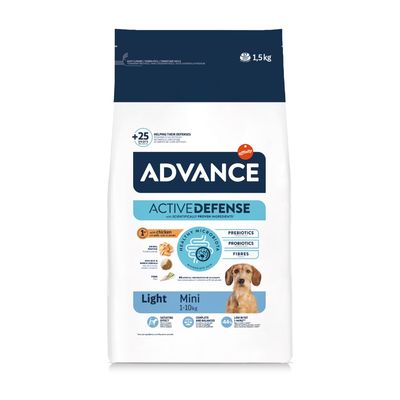 Sac de croquettes Advance Active Defense Light Mini 1–10 kg, 1,5 kg, avec visuel d’un petit chien, mentions visibles : prébiotiques, probiotiques, fibres, effet satiété, faible en matières grasses.