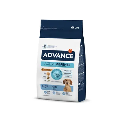 Saco de ração Advance Active Defense Light Mini 1–10 kg, 1,5 kg. Texto visível: prebiotics, probiotics, fibres, com frango, imagem de cão pequeno na embalagem.
