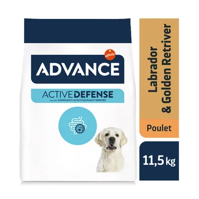 Advance Active Defense Labrador & Golden Retriever Poulet, 11,5 kg. Texte visible : avec des ingrédients scientifiquement prouvés. Photo d’un chien labrador clair sur l’emballage. Advance Active Defense Labrador & Golden Retriever Poulet, 11,5 kg. Texte visible : avec des ingrédients scientifiquement prouvés. Photo d’un chien labrador clair sur l’emballage.