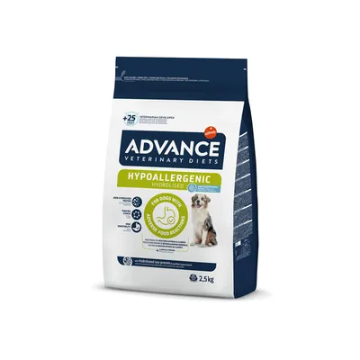 ADVANCE Veterinary Diets Hypoallergenic Hydrolysed dog food, 2.5kg bag, visible text: For dogs with adverse food reactions, hydrolysed soy protein, purified maize starch.