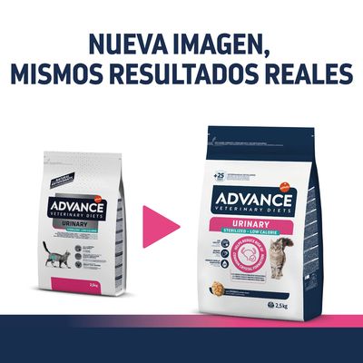 Advance Veterinary Diets Urinary Sterilized Low Calorie para gatos, cambio de diseño de envase, 2,5 kg. Texto: Nueva imagen, mismos resultados reales.
