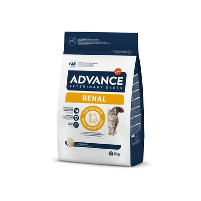 Advance Veterinary Diets Renal per gatti, sacco da 8 kg. Testo visibile: For cats with renal insufficiency. Immagine di un gatto sulla confezione.