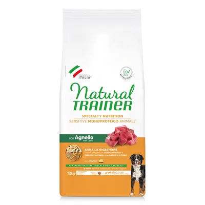 Natural Trainer Specialty Nutrition Sensitive Monoproteico Animale mit Lamm, 12kg. Hilft der Verdauung mit Vollkorngetreide und Chicorée-Wurzel. Ohne künstliche Zusätze.