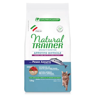Natural Trainer Appetito Difficile pour chats, con Pesce Azzurro, 1,5 kg. Favorise un tractus urinaire sain, saveur intense, ingrédients d’origine naturelle. Sans colorants ni sucres ajoutés.