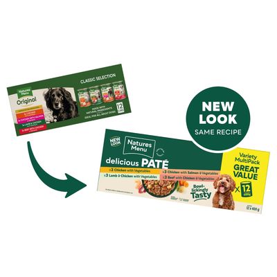 Packaging update for Natures Menu variety multipack, showing new look with same recipe. Includes 12 cans: chicken with vegetables, chicken with salmon and vegetables, lamb and chicken, beef with chicken.