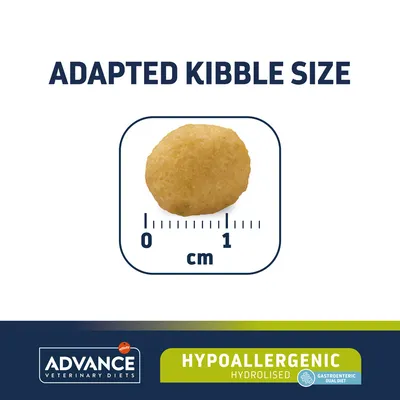 Advance Veterinary Diets Hypoallergenic Hydrolysed táp, szemcseméret 1 cm, Adapted Kibble Size felirattal, Gastroenteric Dual Diet logóval