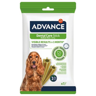 Advance Dental Care Stick Medium-Maxi +10 kg, résultats visibles en 1 mois, moins de plaque et haleine fraîche, paquet de 7 sticks pour chien, marque Affinity visible.