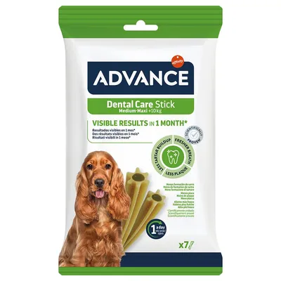 Advance Dental Care Stick Medium-Maxi +10 kg, résultats visibles en 1 mois, moins de plaque et haleine fraîche, paquet de 7 sticks pour chien, marque Affinity visible.