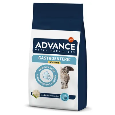 ADVANCE Veterinary Diets Gastroenteric Sensitive cat food bag, visible text: Promove a saúde gastrointestinal e a digestão, com peru, arroz e ervilhas. Cat image on front. ADVANCE Veterinary Diets Gastroenteric Sensitive cat food bag, visible text: Promove a saúde gastrointestinal e a digestão, com peru, arroz e ervilhas. Cat image on front.