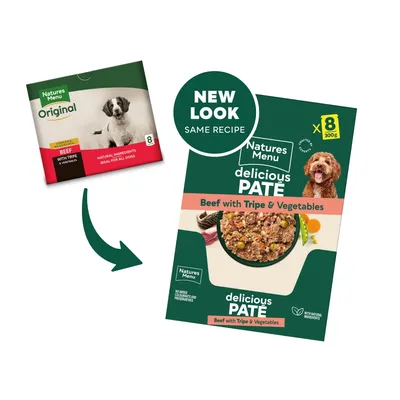 Packaging change from Natures Menu Original Beef with Tripe to Natures Menu Delicious Pate Beef with Tripe & Vegetables. New look, same recipe, 8 x 300g packs.