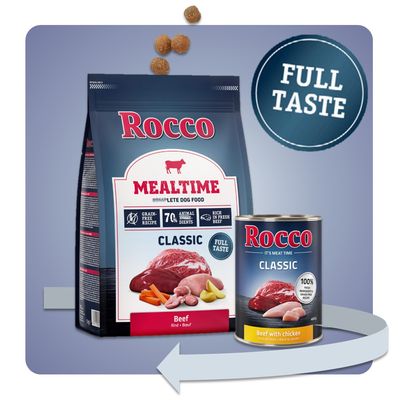 Rocco Mealtime Classic Hundefutter, Rind und Geflügel. Grain-free Rezept, 70% tierische Zutaten, reich an frischem Rind. Verpackung: Trockenfutterbeutel und Nassfutterdose.