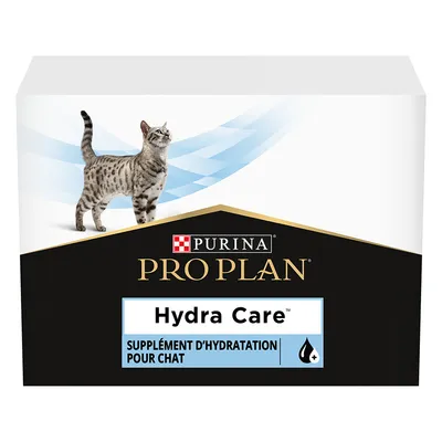 Boîte Purina Pro Plan Hydra Care, supplément d’hydratation pour chat, texte visible : SUPPLÉMENT D’HYDRATATION POUR CHAT, image d’un chat gris tacheté sur l’emballage.