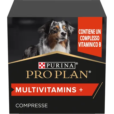 Purina Pro Plan Multivitamins + compresse, contiene un complesso vitaminico B. Confezione nera con scritte bianche e dorate. Purina Pro Plan Multivitamins + compresse, contiene un complesso vitaminico B. Confezione nera con scritte bianche e dorate.