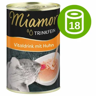 Miamor Trinkfein Vitaldrink mit Huhn, puszka z napojem dla kota. Zestaw 18 sztuk widoczny na zielonej ikonie.