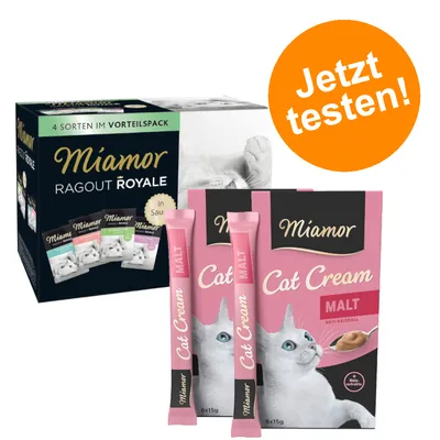 Miamor Ragout Royale Vorteilspack mit 4 Sorten in Sauce und Miamor Cat Cream Malt Anti-Hairball, Jetzt testen! Hinweis auf Probieraktion.