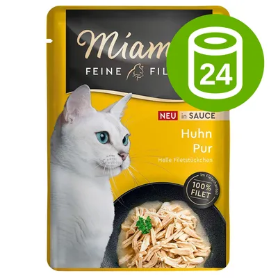 Miamor Feine Filets Huhn Pur w sosie, 100% filet, opakowanie z białym kotem i kawałkami mięsa; zielona ikona z liczbą 24 oznacza zestaw 24 sztuk.