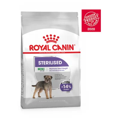 Royal Canin Sterilised Mini hondenvoer, tekst: Maintains Ideal Weight, -14% calories. Gekozen Product van het Jaar 2020 zichtbaar op verpakking.