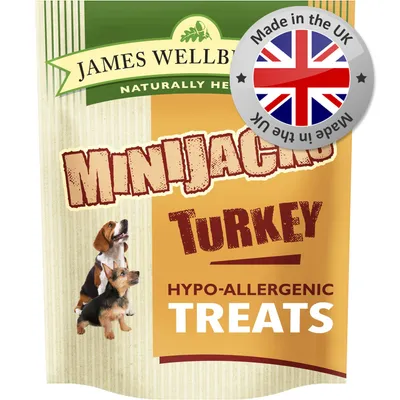 MiniJacks Turkey hypo-allergenic treats, made in the UK, as shown on product packaging. MiniJacks Turkey hypo-allergenic treats, made in the UK, as shown on product packaging.
