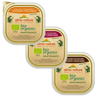 Almo Nature Bio Organic Maintenance til voksne hunde, varianter: kylling med kartofler, oksekød med grøntsager, kalvekød med grøntsager. EU-økologimærke FR-BIO-10.